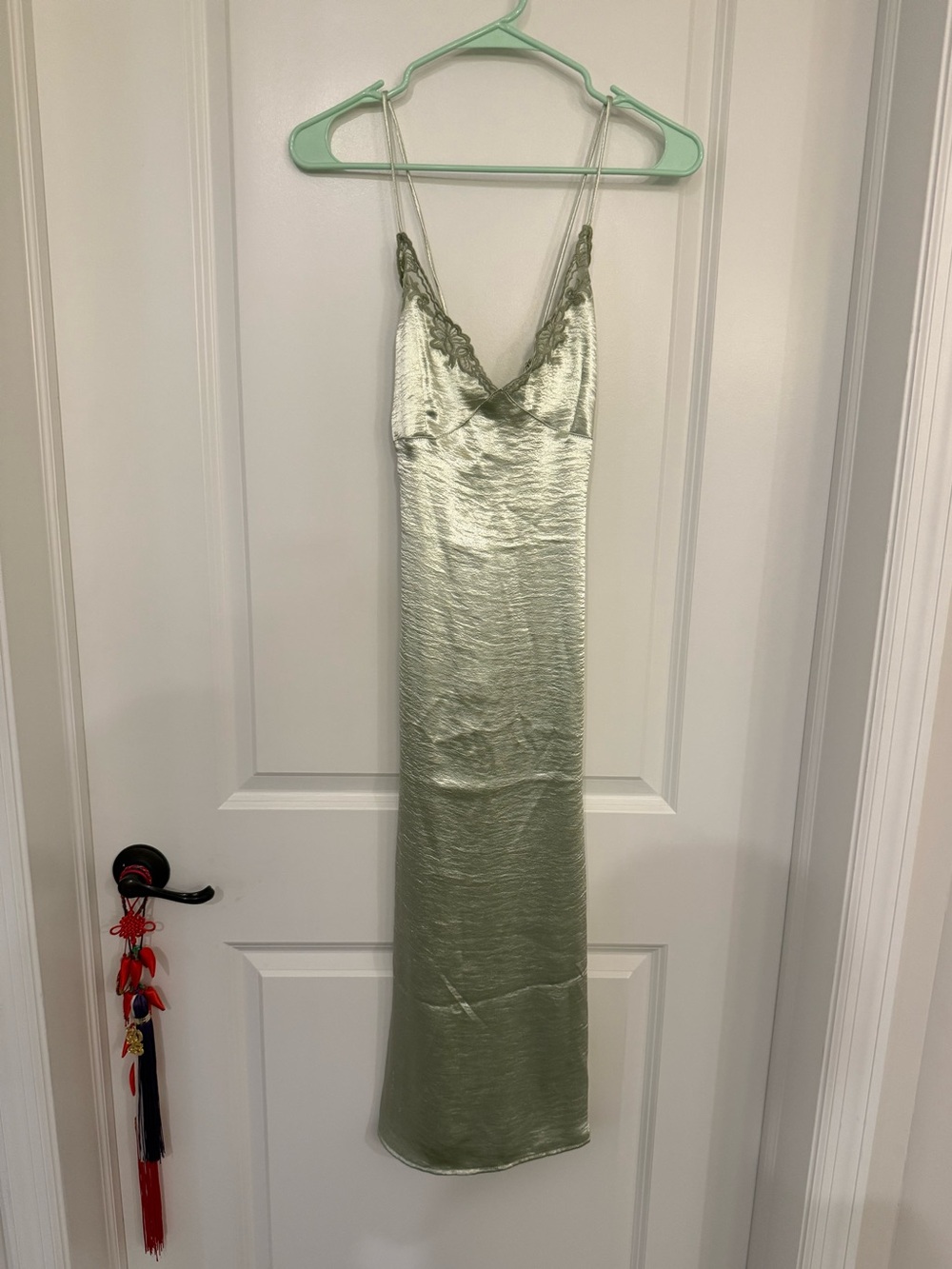 Urban Outfitters Satin Slip Midi Dress in Sage Green with Lace Trim